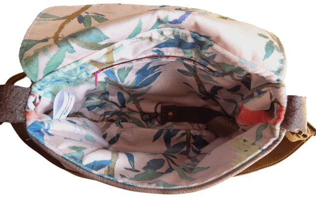 Brown Leather and Leaf Printed Fabric Zipped Shoulder Bag