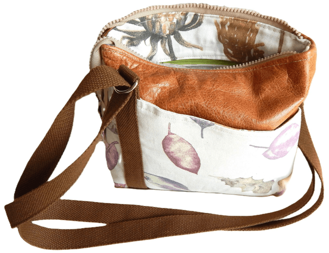 Brown Leather and Leaf Printed Fabric Zipped Shoulder Bag