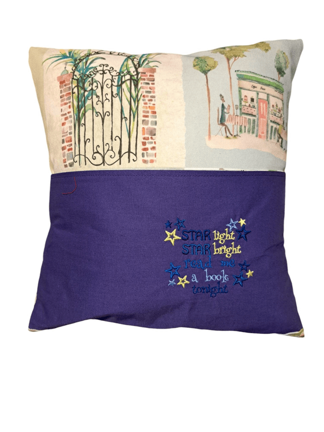 Reading cushion with purple pocket and star light poem. Special personalised items can be ordered
